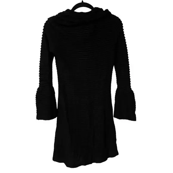 Alice + Olivia Black Knit Sweater Ribbed Bell Long Sleeve Mini Dress Size Small - Picture 3 of 4